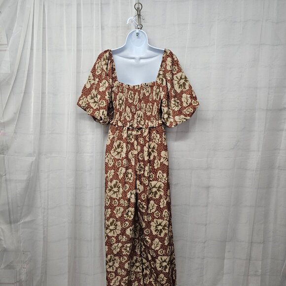 Entro Jumpsuit Wide Leg Floral Boho Coquette Cottage Smocked Puffed Sleeve L - Picture 8 of 13